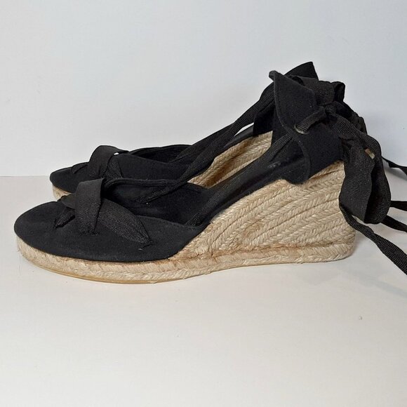 3/$20 Nordstrom BOS & CO Open Toe Wedge Tie Back Sandals Black Size 7 Heels - Picture 6 of 12